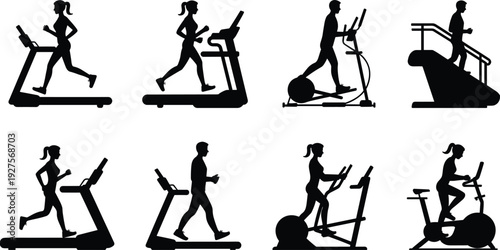 Gym cardio machine silhouettes set, treadmill, elliptical and exercise bike fitness equipment isolated on white background for workout design