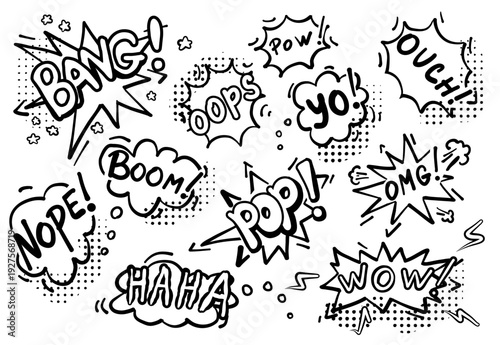 A comic book style illustration featuring various speech bubbles with exclamations and reactions.