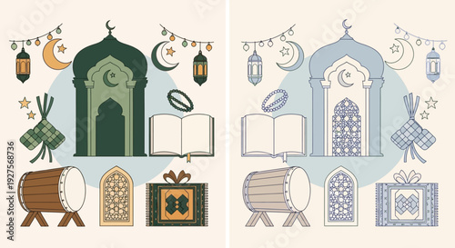 A collection of Islamic cultural symbols and decorations, including mosques, lanterns, drums, and prayer mats, presented in two distinct color palettes.
