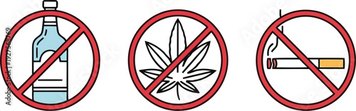 No Alcohol No Drugs No Smoking Vector Icons Set for Health and Safety Campaigns