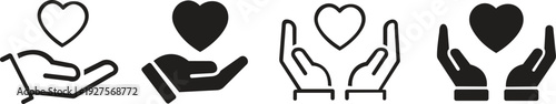 Heart in hand icons set. Hands holding heart icon. Love icon. Health, medicine symbol. Healthcare hands holding heart flat and line style - stock vector. See Less