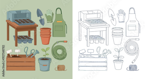 A collection of gardening tools and supplies, including a seed starter tray, pots, a watering can, gloves, and an apron, presented in both a colored and line-art illustration.
