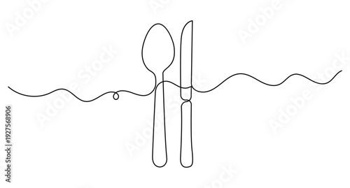 Single line art of crossed knife and fork with wavy line for minimalist dining and cafe branding