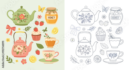 A charming collection of vintage-style tea party elements, including teapots, cups, saucers, cupcakes, honey, strawberries, lemons, and butterflies, presented in both color and outline versions.
