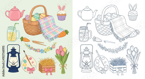 A collection of colorful Easter-themed illustrations featuring a basket of eggs, flowers, a lantern, and other festive elements, presented in both color and outline versions.