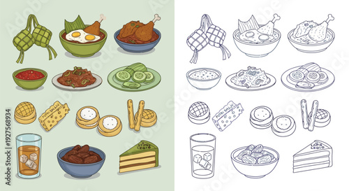 A colorful illustration showcasing a variety of traditional Indonesian dishes and drinks, presented in a grid layout with both colored and line-art versions.