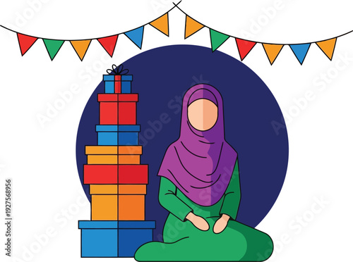 Muslim woman in hijab with gift boxes celebrating Eid festival with colorful bunting decorations