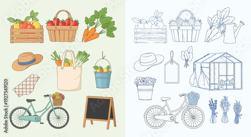 A collection of charming illustrations depicting a rustic farm stand scene with fresh produce, gardening tools, and a bicycle.
