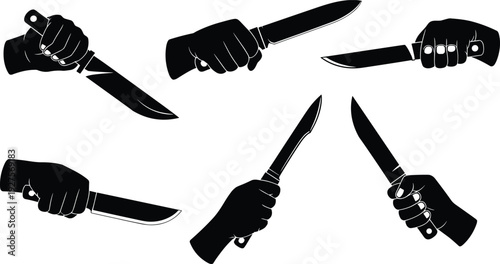 Hand holding knife silhouettes isolated on white background, dangerous weapon vector illustration set for crime, violence, security concept design