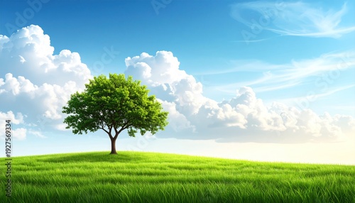 Lush green tree sits atop a hill under a bright blue sky filled with fluffy white clouds