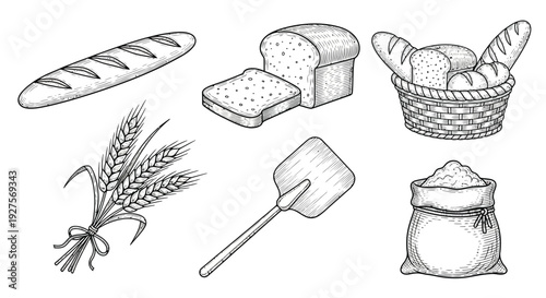 A collection of hand-drawn illustrations depicting various elements related to baking, including bread, wheat, flour, and a baker's peel.