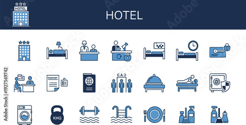 Hotel Services and Amenities Icons Set with Reception Desk Bedroom Bed Passport Key Card Room Service and Laundry Symbols for Tourism and Hospitality Design