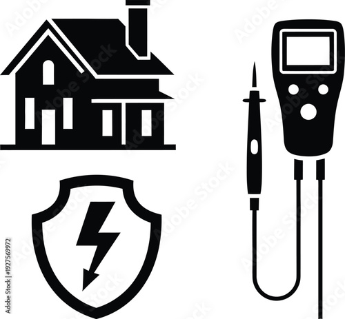 Electrical safety icons including house shield with lightning and multimeter isolated on transparent background