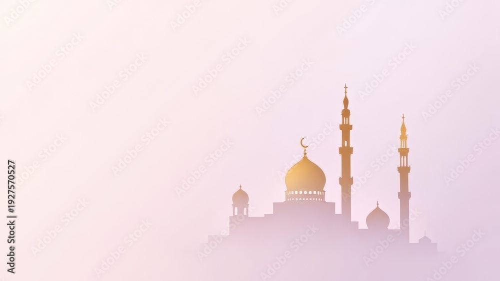 Obraz premium Minimalist Mosque Silhouette with Golden Dome and Minarets Against a Soft Gradient Sky.