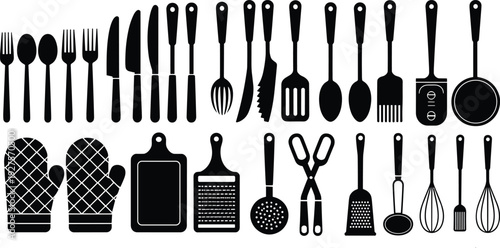 Kitchen utensils silhouettes set, cooking tools collection black vector illustration isolated on white background for culinary design