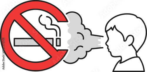 No Smoking Sign with Child Exposed to Secondhand Smoke – Health Hazard Awareness Illustration