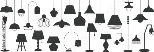Lamp silhouette collection set, modern pendant, table and floor lighting fixtures isolated on white background for interior design