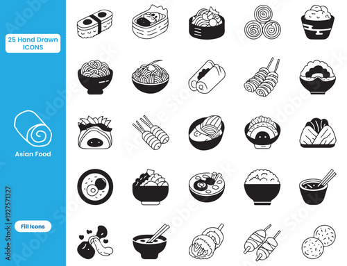 Hand drawn Asian food collection. Featuring ramen, dumplings, noodles, rice bowls, spring rolls, tempura and more. perfect vector illustration