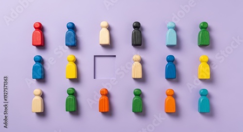 Colorful wooden pawns missing one piece on purple background