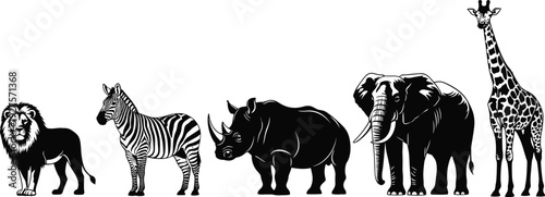 African safari animal vector set, featuring detailed black silhouettes of lion, zebra, rhinoceros, elephant, and giraffe isolated on white background, bundle.
