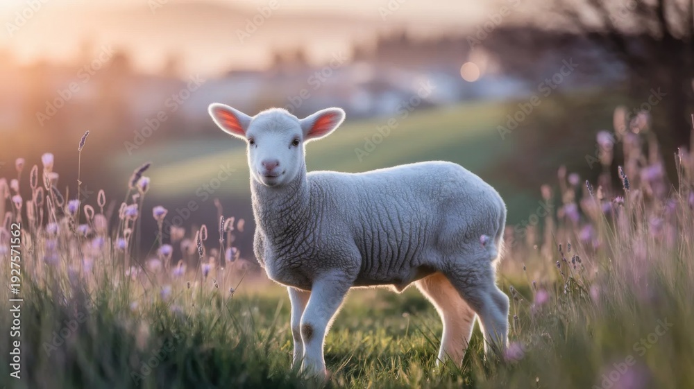 Obraz premium Lamb in Spring Meadow– Faith and Innocence Concept