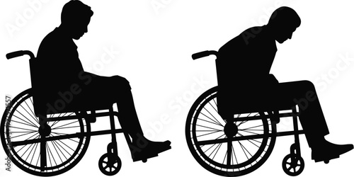 Man in wheelchair silhouettes set, disabled person sitting black vector illustration isolated on white background accessibility concept