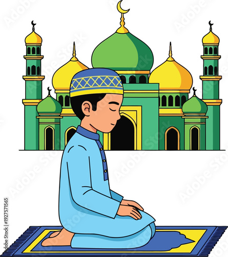 Muslim boy praying on prayer mat in front of mosque illustration for Ramadan and Islamic education