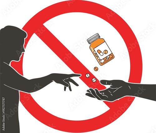 Stop Drug Abuse Concept Illustration with Red Prohibition Sign and Silhouette Hands Refusing Pills