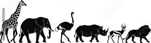 Black African Safari Animal Silhouette Collection, Giraffe Elephant Ostrich Rhino Gazelle and Lion Vector Clipart Set on Isolated White Background, (21 words)