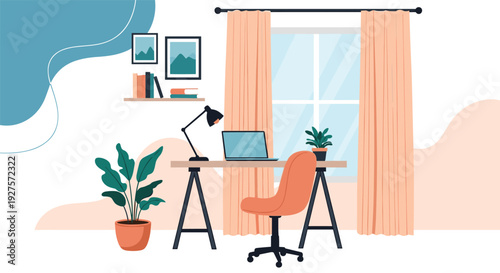 Cozy home office setup with a desk, laptop, lamp, orange chair, indoor plants, and a window with soft peach colored curtains.