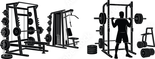 Modern gym interior with strength training equipment, barbell squat rack, weight plates and athlete silhouette, black and white fitness illustration