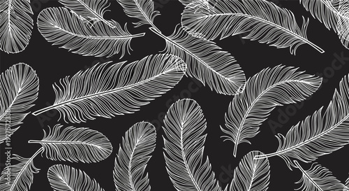 Seamless pattern of white hand drawn bird feathers scattered on a black background for a sophisticated and elegant look.