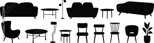 Modern furniture silhouettes collection with sofa chairs tables and lamp, black interior vector set isolated on white background illustration