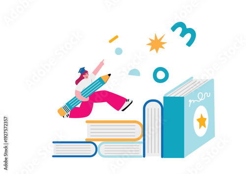 本の階段を駆け上がる女性