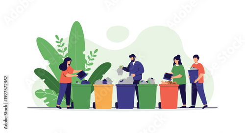 People practicing waste sorting by placing different types of trash into colorful recycling bins for environmental protection.