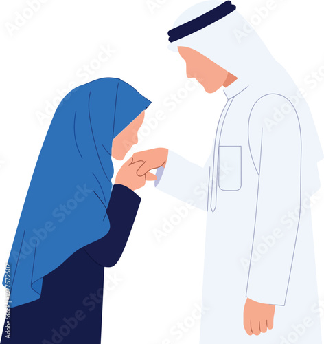 Muslim woman kissing elder man's hand in traditional Islamic greeting, respect and family values illustration