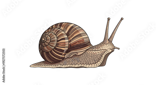 Brown garden snail illustration on a white background shows intricate details of the shell and body for nature-related projects.