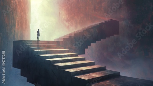 Man stands on edge of infinite staircase, each step leading to self-realization and personal growth, hyperrealistic style with detailed illusionary architecture