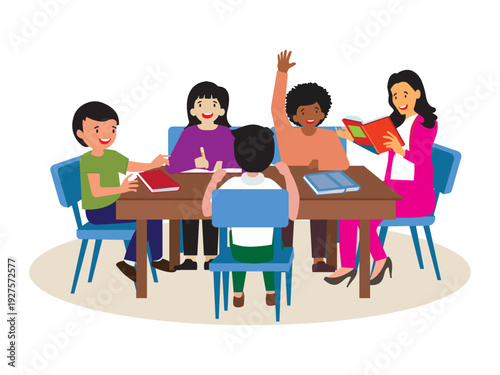 cheerful classroom study group scene teacher children sitting around table