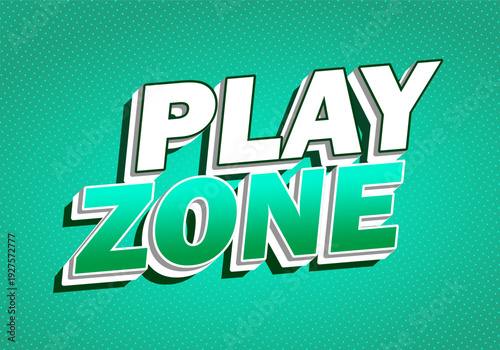Bold 3d text reading play zone in white and green on teal dotted background, comic style