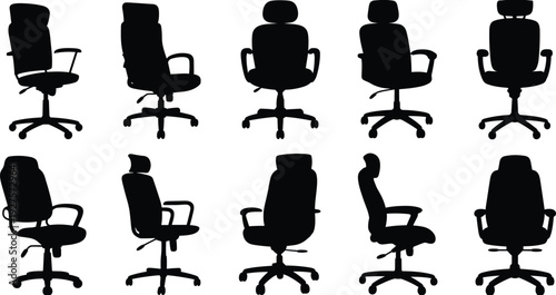 Office chair silhouette collection with ergonomic swivel seats, modern workspace furniture set, black vector illustration isolated on white background