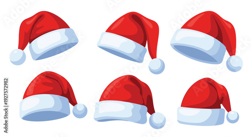 Set of various red Santa Claus hats in different positions and angles is essential for christmas and holiday season graphics.