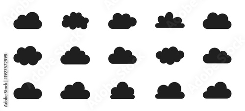 Set of Cloud Icons, Vector Illustration Collection Featuring Cloudy Silhouettes in Various Shapes for Weather Design, Sky Graphics, Digital Applications, and Creative Projects.