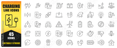 Charging Line Icon Set Featuring Editable Stroke Vector Symbols. Includes EV Charging, Batteries, Plugs, Renewable Energy, Power Supply, And Electric Devices. Ideal For Apps, Web, Print, And Infograph