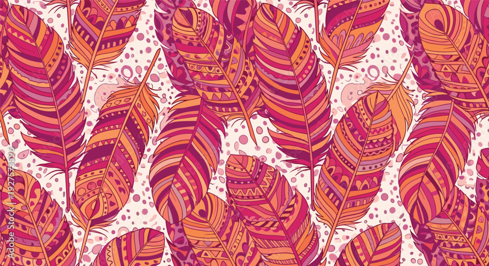 Fototapeta premium Vibrant pattern of colorful feathers decorated with intricate tribal and bohemian motifs offers a lively and creative texture.