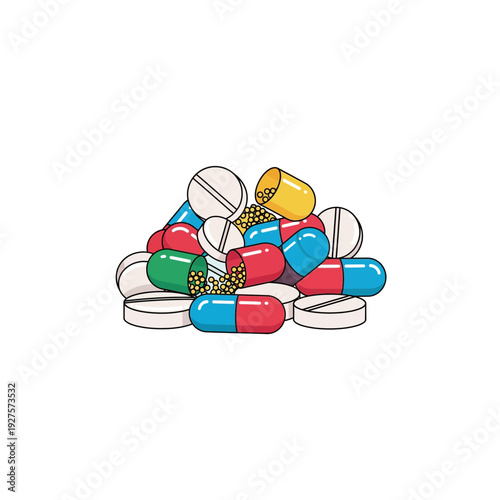 Colorful Pile of Assorted Medical Pills and Capsules Illustration