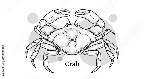 Stippled line drawing of a crab with large claws is an excellent illustration for seafood menus and marine life projects.