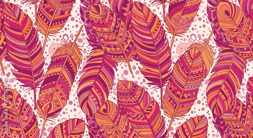 Vibrant pattern of colorful feathers decorated with intricate tribal and bohemian motifs offers a lively and creative texture.
