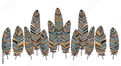 Row of decorative feathers with various colorful patterns and tribal designs brings a bohemian feel to any creative project.