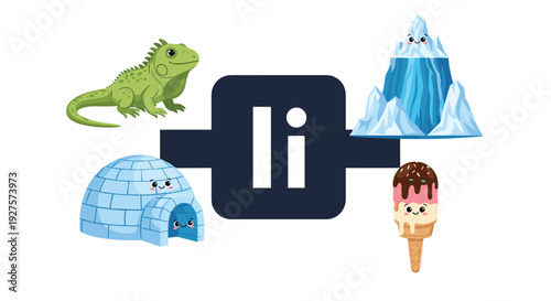 Educational graphic for the letter I featuring an iguana, igloo, iceberg, and ice cream to help children learn the alphabet.